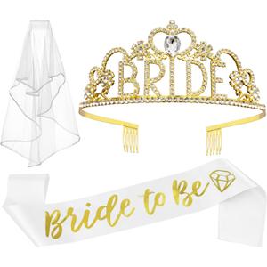 JETKONG 3 Pcs Bachelorette Party Decorations BRIDE Crown, Bride to Be Sash&Veil for Women Bachelorette Party Gifts, Bridal Shower Supplies, Gifts, Favors (Gold)
