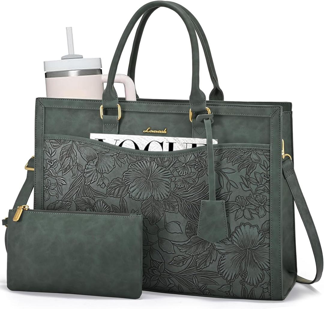 LOVEVOOK Laptop Tote Bag for Women, Office Work Bag Briefcase fit for 15.6 inch Laptop, Large Capacity Teacher Bag Handbag (Retro Embossed Green)