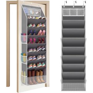 Over The Door Shoe Organizer - 8 Tier Hanging Shoe Organizer with Large Capacity Pockets, Shoe Organizer for Closet, Shoes Rack for Door, Fits 16-24 Pairs of Sneakers, Boots, Heels  Grey