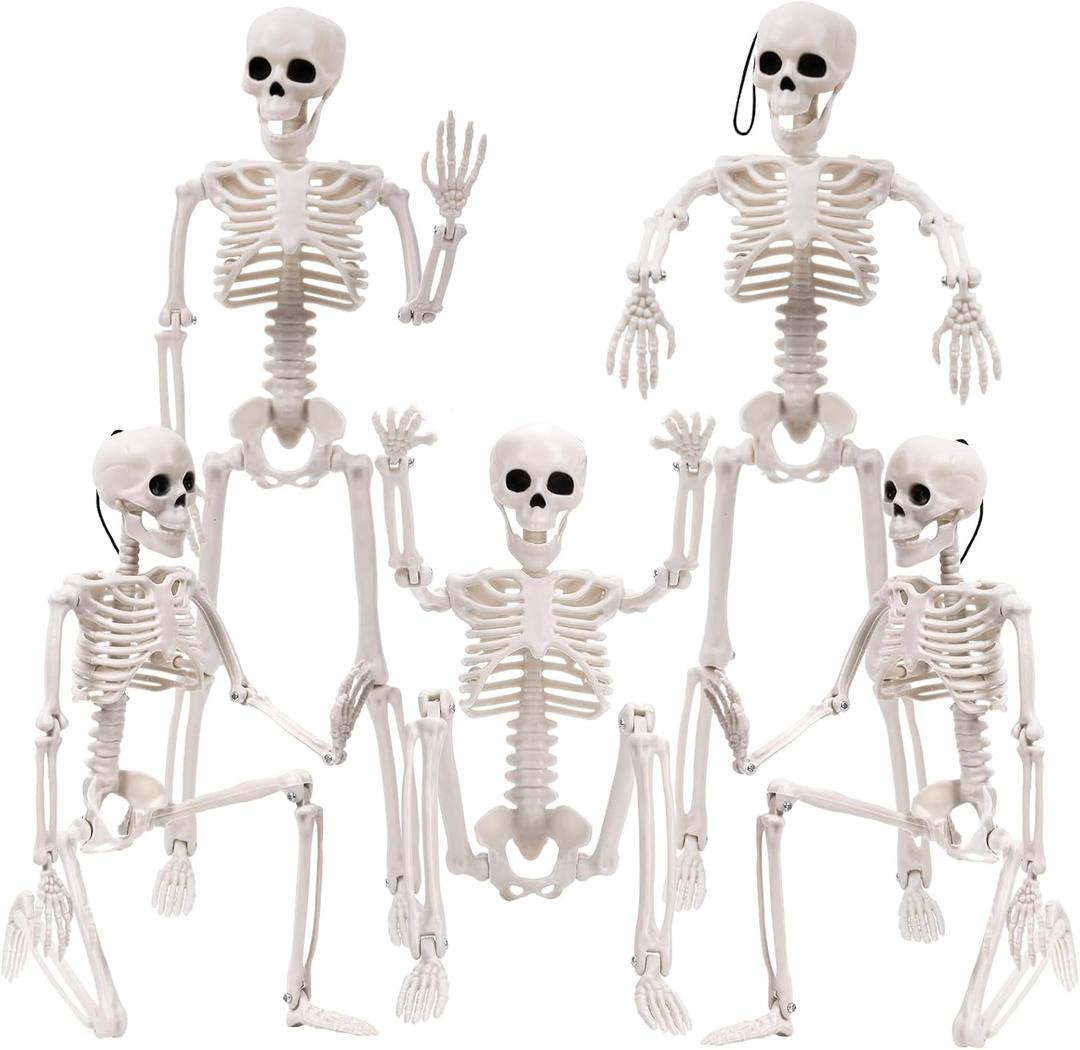 XIMISHOP 5 pcs Halloween Skeleton Decoration, 16" Full Body Posable Hanging Skeleton with Movable Joints for Graveyard Haunted House Indoor Outdoor, White