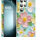 for Galaxy S23 Ultra Case,3 in 1 Oil Painting Flower Pattern Heavy Duty Shockproof Protection Silicone Rubber Bumper+Hard Plastic Protective Cover for Samsung S23 Ultra 6.8",Green Flower
