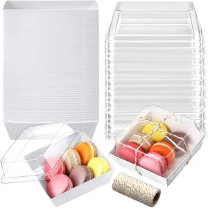 Jetec 150 Pack Charcuterie Boxes with Clear Lids and Rope 4 Inches Cake Disposable Square Dessert Food Box Containers with Lids for Bakery Macaron Cookies Strawberries Fruits Display (White)