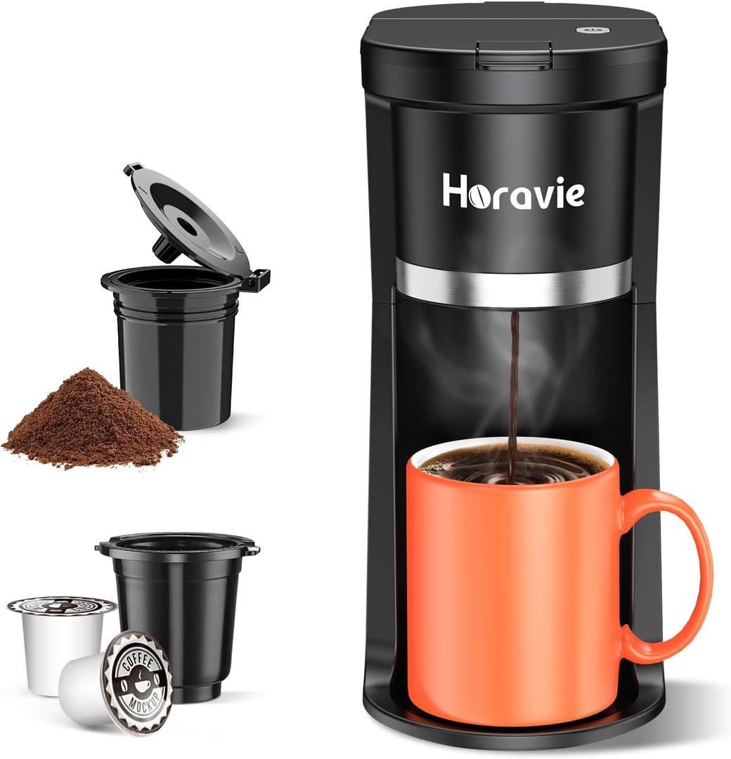 Small Single Serve Coffee Maker, Fast Brew One Cup Coffee Machine for K Cup and Grounds, 6 to 12 oz. Brew Sizes, Capsule Coffee Machine with Descaling Reminder and Viewing Tank, Black (9.45 Inches)