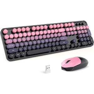 MOFII Wireless Keyboard and Mouse Combo, Retro Typewriter Keyboard with Colorful Round Keycaps, 2.4GHz USB Plug Play Connection for PC Laptop Windows XP/7/8/10 (Berry Pink)