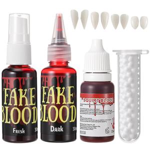 Pickmesh 8 Pcs Halloween Vampire Fangs and Fake Blood Makeup Kit 4 Pairs Vampire Fangs Teeth Adhesives Beads Fake Blood Costume Accessory for Adult Realistic Halloween Props SFX Cosplay Dress Up