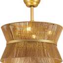 Boho Fandelier Ceiling Fan with Light and Remote Rattan Chandelier Fan Gold Caged Ceiling Fan with Light for Bedroom, Living Room Nursery Foyer Kitchen（6 Speed, Timing Adjustable Height）