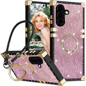 for Samsung Galaxy A26 Case with Wrist Strap Lanyard for Women, Water Ripple Design Shockproof Protection Cover with Kickstand for Galaxy A26 SBW-Pink