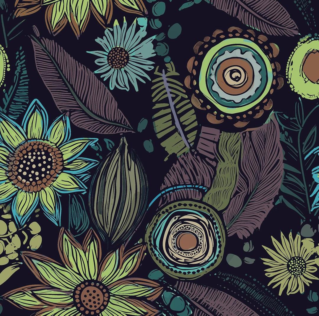 Vintage Boho Wallpaper Peel and Stick, Gothic Floral Contact Paper, Retro Flowers Bohemia Wall Paper Self Adhesive Removable Waterproof for Walls Shelves Cabinet Table 17.5" x 118"(Dark Purple, Green)