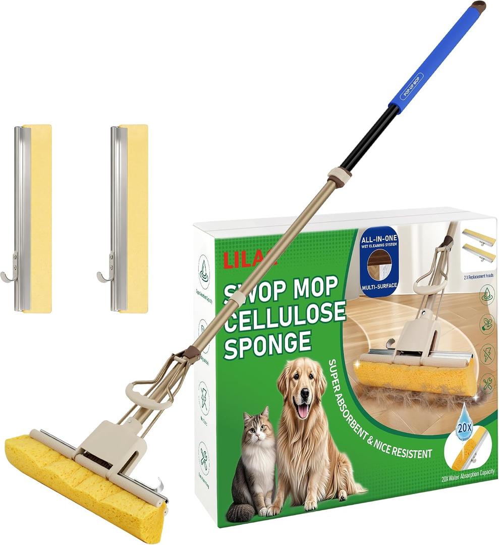 LILAC Cellulose Sponge Mop with 2 Replacement Heads,4-Color Handle for Zoned Cleaning, Super Absorbent Pop Up Roller Mop for Hardwood,Laminate Floors, Heavy Duty Floor Scrubber (Blue)