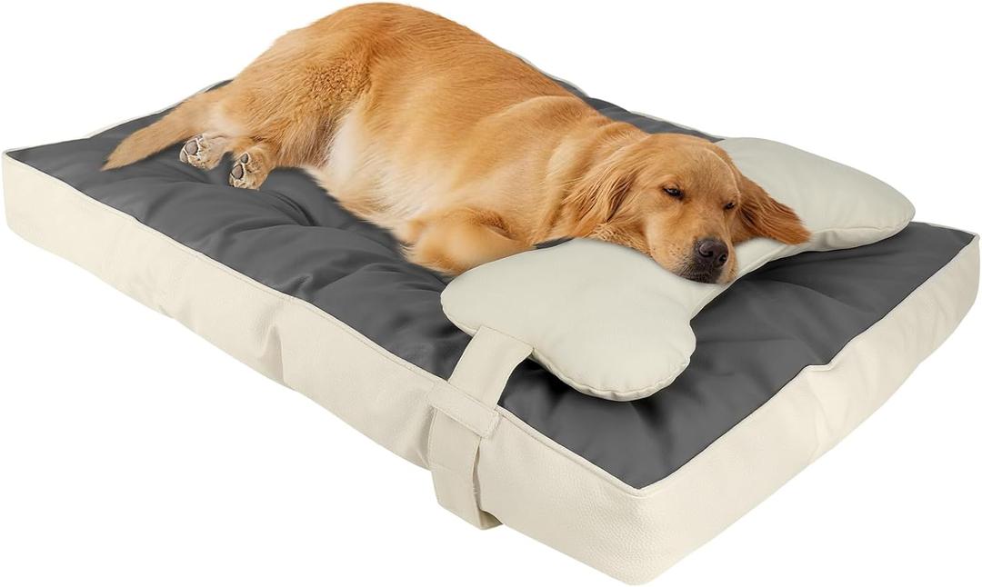 35" x 23" Waterproof Faux Leather Large Dog Beds, High Resilience Foam Dog Bed for Crate with Detachable Bone Pillow, Non-Slip Bottom Kennel Pad for Medium & Large Breed, Easy to Clean