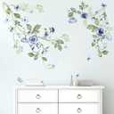 decalmile Hanging Blue Rose Flower Wall Stickers Watercolor Floral Vine Wall Decals Bedroom Living Room Sofa TV Background Home Decor