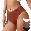ASIMOON High Waisted Cotton Bikini Underwear for Women Stretch V Waist Cheeky Panties Ladies Comfy High Cut Panty 4 Pack,SizeL