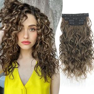 Aisaide Clip in Hair Extensions, 4PCS 16 inch Curly Hair Extensions Short Curly Lace Weft Extension Clip Ins Invisible Natural Hairpieces for Women,Ombre Chocolate Brown