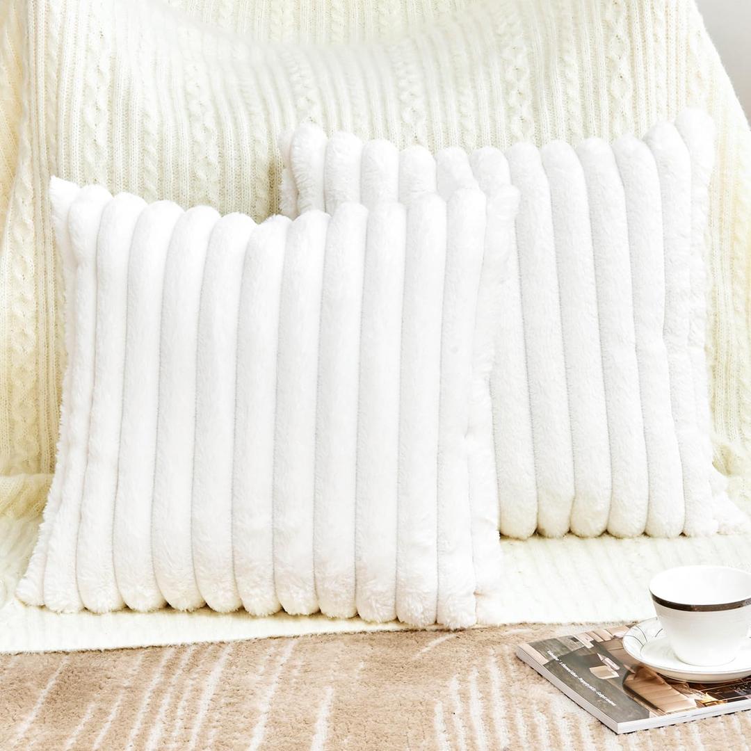 Throw Pillow Covers Decorative Faux Fur Set of 2 20x20 Inch Pillow Covers, Soft Cream White Striped Pillowcases for Couch Sofa Bed Living Room, Fluffy Cute Home Boho Accent Fuzzy Decor