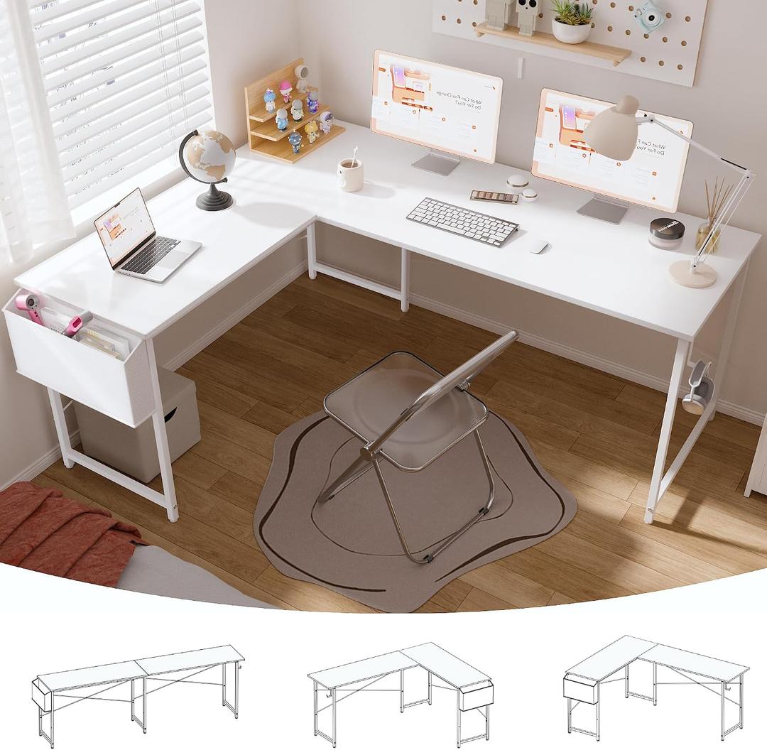Pamray Reversible L Shaped Gaming Desk Large Corner Computer Desk with Storage Bag Home Office Table for Writing Study White 64.5 Inch