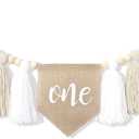 HGFC White 1st Birthday High Chair Banner - Wood Bead Tassel Garland - Pure Angel 1st Birthday Photo Backdrop - Wall Hangings Decorative For Kids