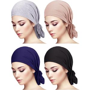 4 Pieces Slip-On Pre-Tied Head Scarves Women Headwear Turban Beanie Caps Head Wrap Headscarf for Women (Grey, Camel, Navy Blue, Black)