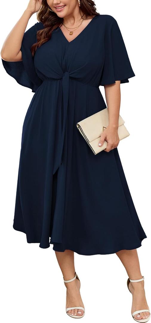 SCOMCHIC Women Plus Size Midi Dresses Wedding Guest Short Sleeve V Neck Tie Waist Casual Summer Flowy A Line Dress XL