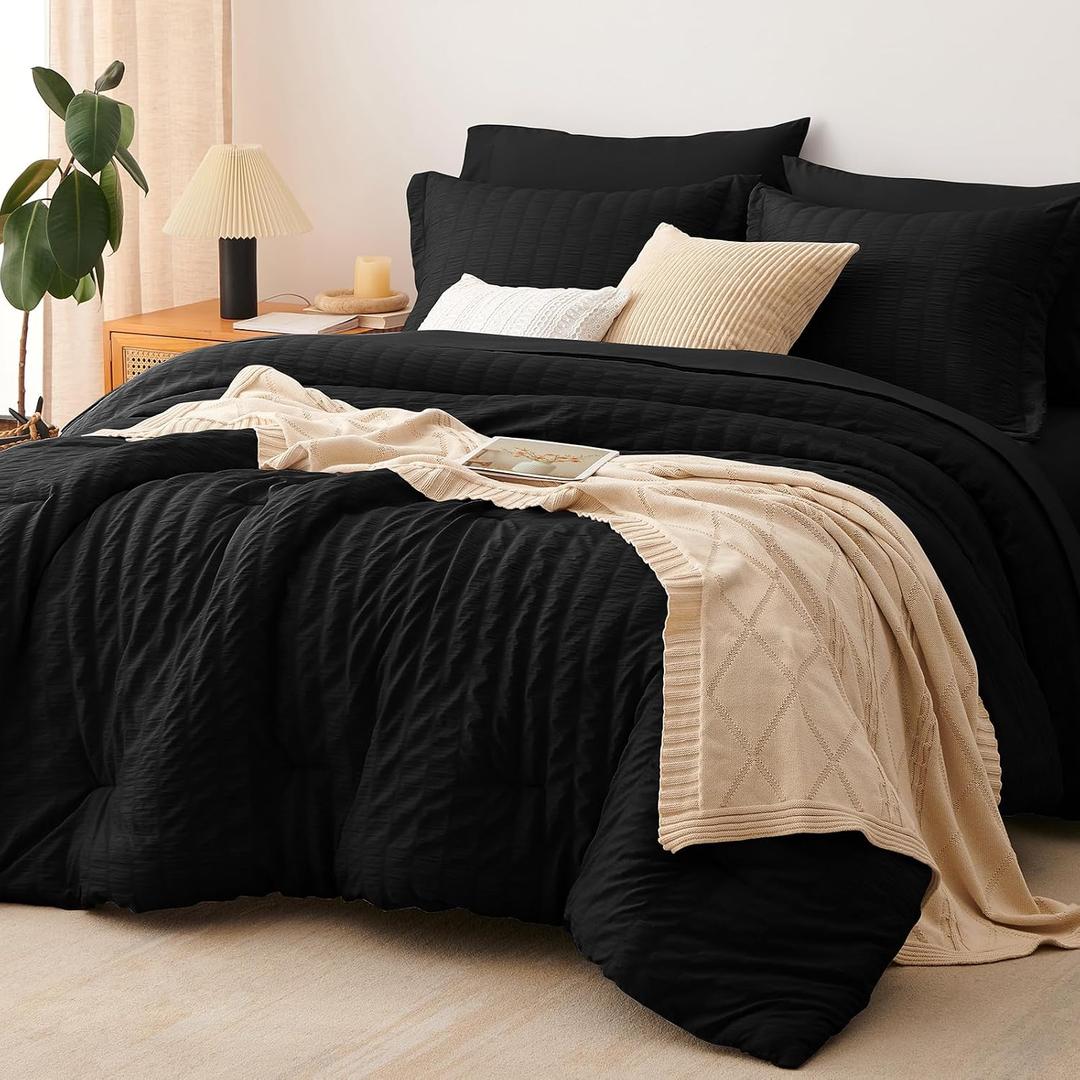 CozyLux King Size Comforter Set Black Seersucker 7 Pieces Bed in a Bag King Comforter Set with Sheets, Luxury Soft Bedding Sets with Down Alternative Comforter, Sheets, Pillowcases & Shams All Seasons