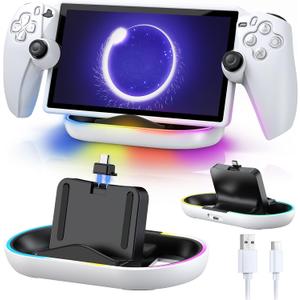 Charger Station for PlayStation Portal- Case Friendly, Charging Dock with RBG Light Charger Stand & USB Type C Cable, Magnetic Type C Port for PS5 Ps Portal Charging with Case on (White&Black)