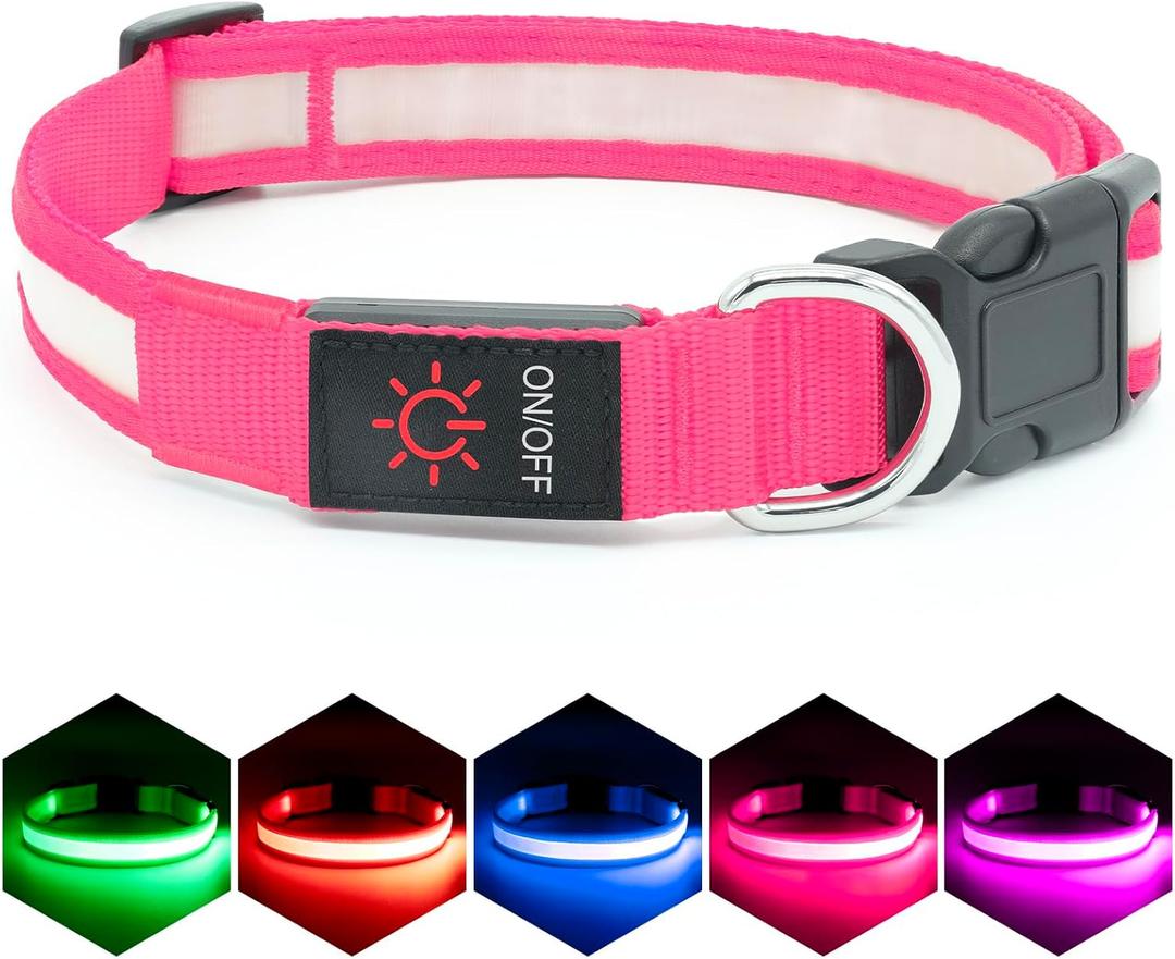 Vizpet LED Dog Collar, Light Up Dog Collar Adjustable USB Rechargeable Super Bright Safety Light Glowing Collars for Dogs (Large, Pink) (Large[18.89-23.62 inch/48-60cm])