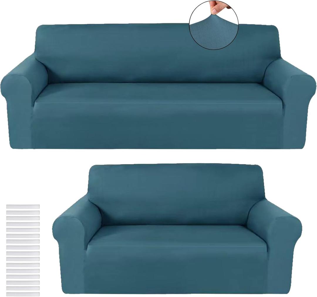 Peryiter 2 Pcs Sofa Covers Loveseat Couches Covers for Living Room Slipcover Set Furniture Protector for Couch Arm Chair, Form Fit Stretch, Wrinkle Proof(Peacock Blue,Milk Silk)