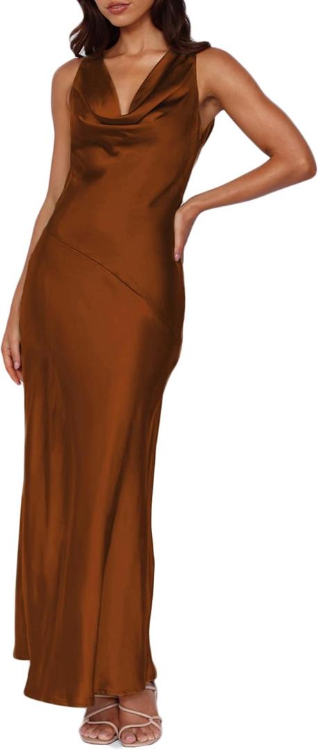 Women's 2026 Summer Satin Backless Elegant Dress for Wedding Guest Silk Sleeveless Cowl Neck Party Formal Maxi Dresses (Brown, XS)