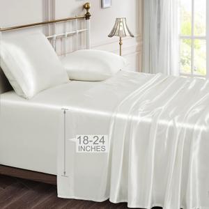 Vonty Satin Sheets Extra Deep Pocket - Cooling & Silky Cal King Sheet, Ivory White - 4 Piece Set