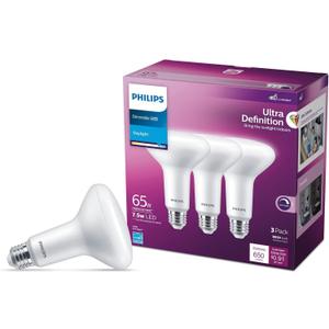 PHILIPS LED 65W BR30 3-Pack Ultra Definition Daylight (5000K) 650 Lumen (7.5W = 65W) Dimmable Frosted Flicker-Free Light Bulbs