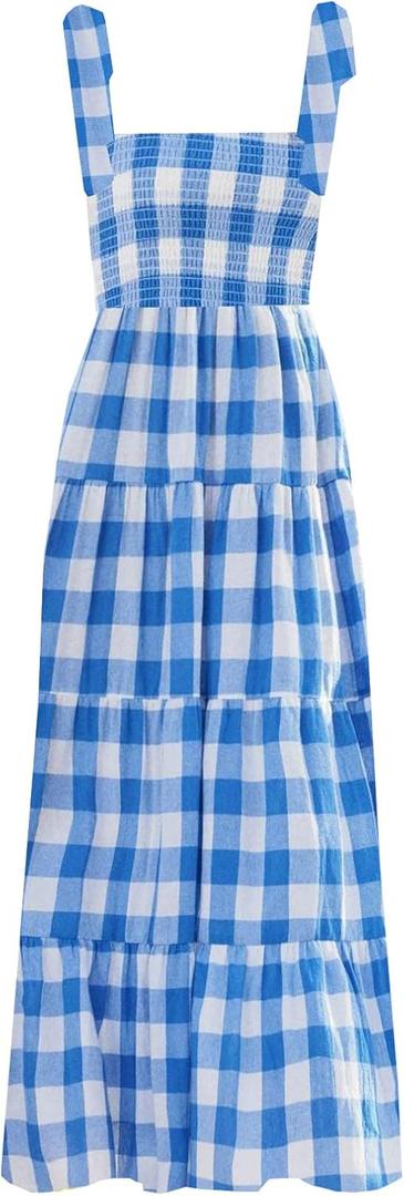 kinstell Women's Summer Boho Spaghetti Strap Square Neck Ruffle Casual Flowy Long Dress Beach Swing Party Maxi Dress (Large, Blue Plaid)