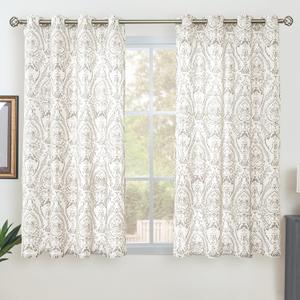 LAMIT Linen Curtains 54 inch Length 2 Panels for Living Room, Light Filtering Linen Sheer Curtains Grommet Vintage Damask Flower Pattern Window Drapes for Bedroom, 52 x 54 Inch, Taupe