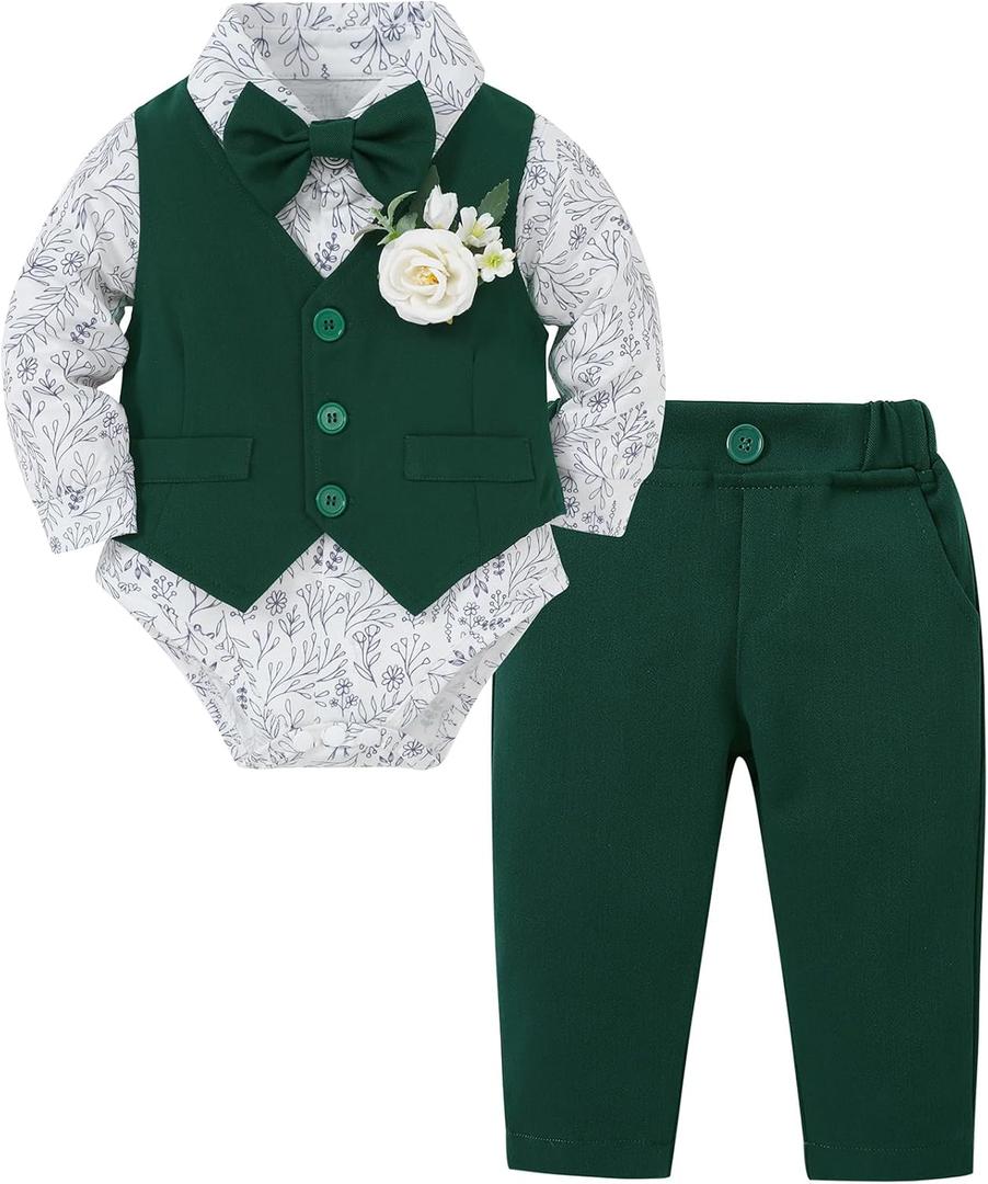 Coco&RARA Baby Boy Clothes Suits Infant Gentleman Outfits, Formal Dress Shirt+Vest+Corsage+tie+Pants Baby Suit Set 0-18M (6-12 Months, Green)