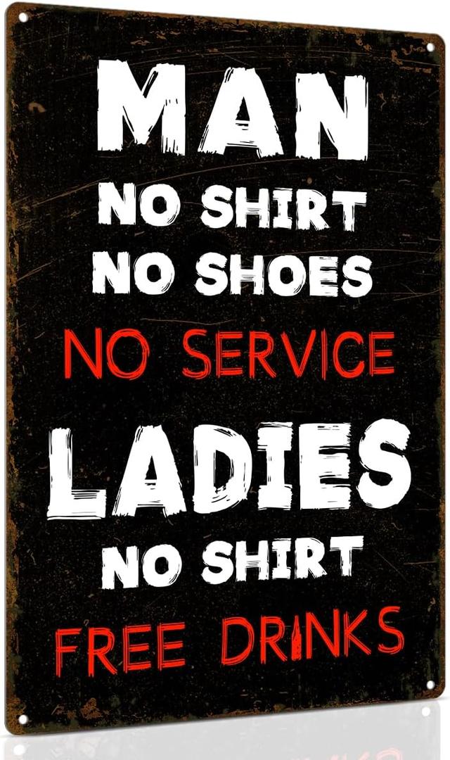 ALKB Rustic Bar Sign Men No Shirt Sign No Service Man Cave Sign Retro Metal Bar Pub Decor 8x12 Inch