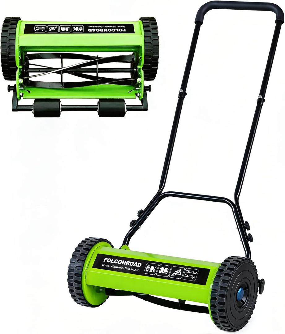 14-Inch 4-Blade Push Reel Lawn Mower, Manual Reel Push Mower, Walk-Behind Lawn Mowers, 5-Position Cutting Height Adjustment for Garden, Yard and Field, Suitable for 1-3 Inches of Grass