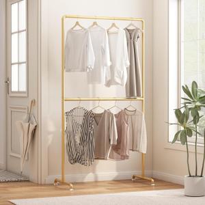 Industrial Pipe Clothing Rack, Heavy Duty Metal Clothes Rack with Double Rods, Freestanding Garment Rack for Bedroom Boutique Retail Use (Gold)