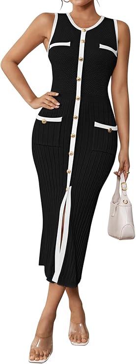 Pink Queen Women's Elegant Sweater Dress Sleeveless Slim Fit Bodycon Midi Dresses S