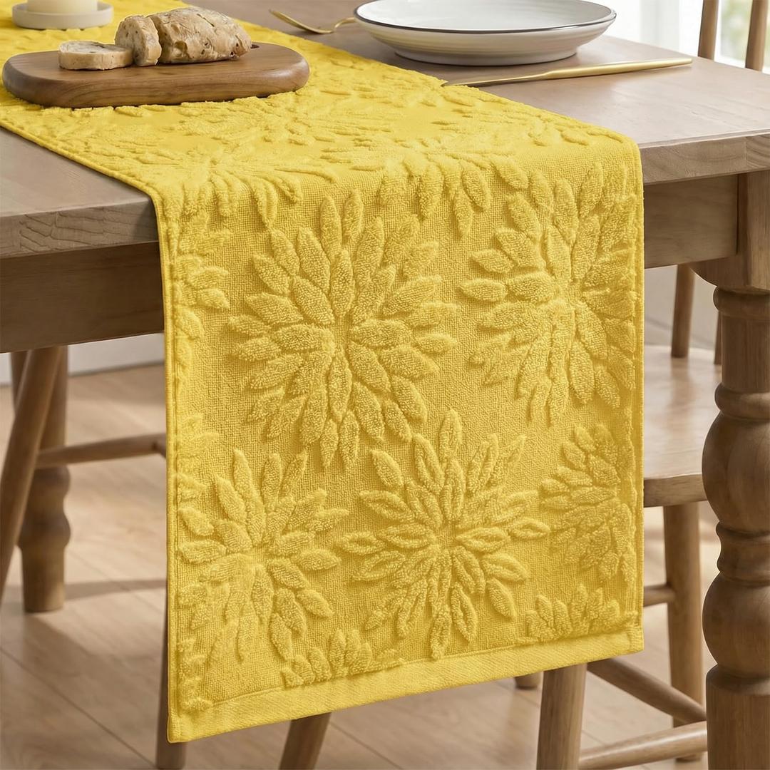4 x Artoid Mode Yellow Soft 3D Jacquard Dahlia Floral Pinnata 100%Cotton Spring Table Runner, Holiday Kitchen Dining Table Decoration for Home Party Decor 13x72 Inch