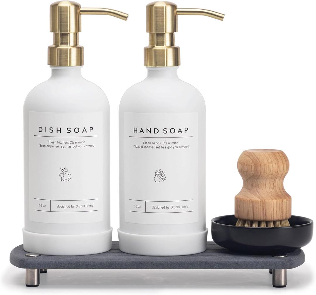 [Luxury] Kitchen Soap Dispenser Set - 16OZ White Glass Bottle, Stainless Steel Pump, Instant Dry Tray, Waterproof Labels, Non-Slip Silicone Pad, and Dish Brush | Upgrade for Your Kitchen and Bathroom