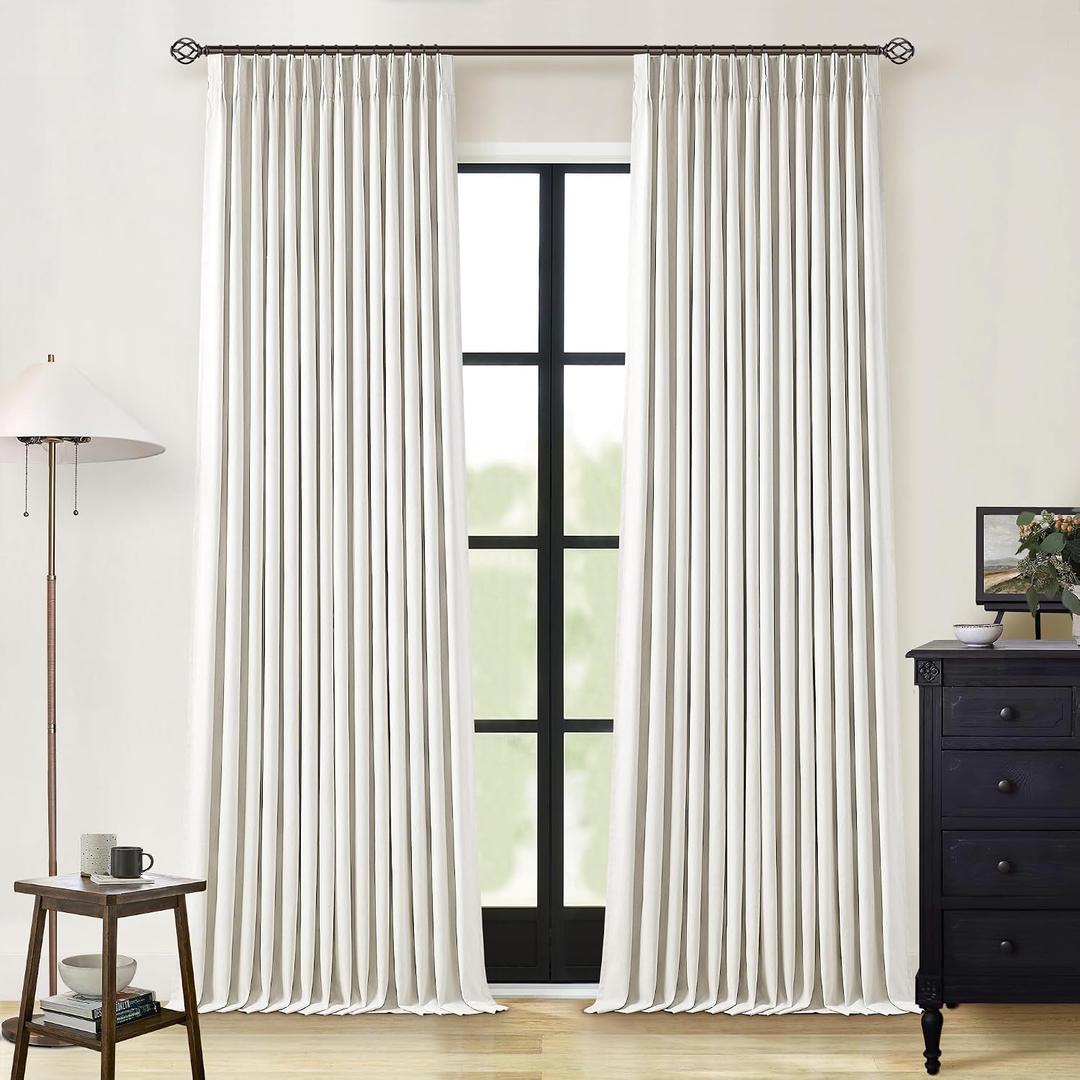 Natural Linen 100% Black Out Pinch Pleated Curtains 108 Inches Long 2 Panels Set for Bedroom Cream Back Tab Thermal Insulated Energy Efficient Blackout Curtains Living Room High Ceiling Length 40x108