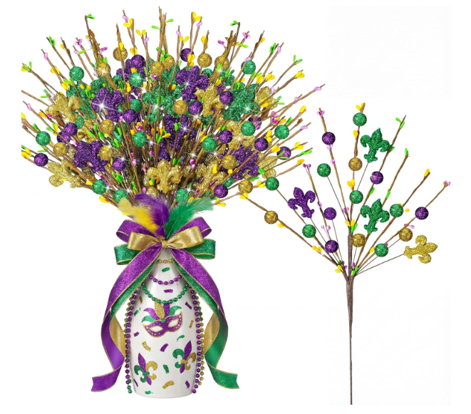 Zeyune 6 Pcs Mardi Gras Centerpiece Table Decor 16.5 Inch Mardi Gras Glitter Table Picks Carnival Purple Gold Green Tree Topper Picks Ornaments for Carnival Masquerade Party Decoration Vase Fillers