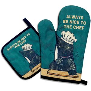 Always be Nice to The Chef, Funny Oven Mitts and Pot Holders, Silicone Non-Slip Oven Mitts, Cat Lover Gift, Cat Mom, Cooking Baking BBQ Gifts