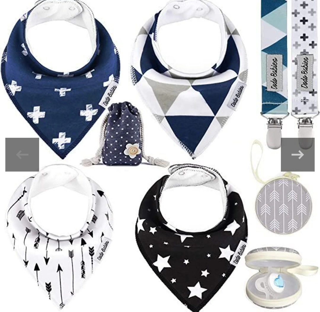 Dodo Babies Baby Bandana Drool Bib Set - 4pc Infant Bibs with 2 Pacifier Clips, Binky Case, Gift-Ready Bag - Soft Absorbent Cotton with Polyester Back - Adjustable Buttons to Fit 3-24 -Month Old Boys
