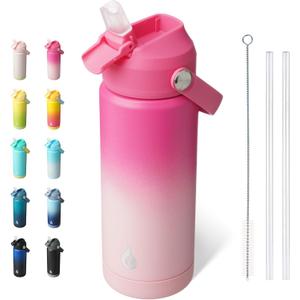 BJPKPK Insulated Water Bottle with Straw Lid, 18oz Thermo Water Bottles with Soft Nozzle, Flex Handle & Non-slip Boot, BPA Free Leak Proof Stainless Steel Metal Thermo, Tumblers, Cups,Cherry