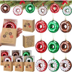24 Sets Christmas Donut Ornament with Cards Inspirational Red Green Brown Donut Decorations for Christmas Tree Thank You Hanging Ornament for Employee Coworkers Xmas Holiday Party Gifts