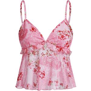 Milumia Women's Floral Mesh Cami Crop Top V Neck Ruffle Spaghetti Strap Tank Tops (Medium, Pink)