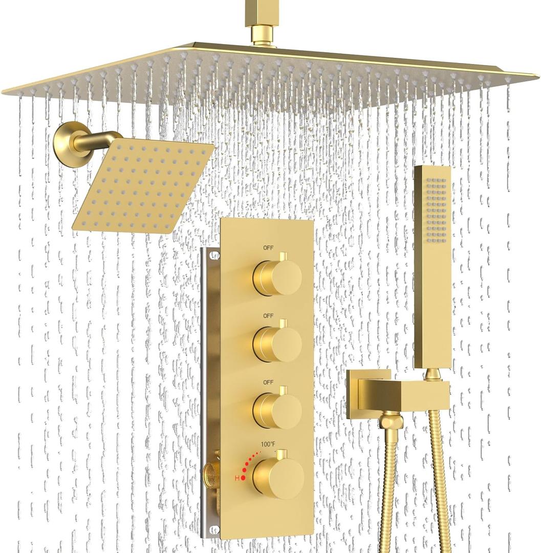 Enga Thermostatic Dual Head Shower System - 16"+6" Ceiling & Wall Mount Rainfall Showerheads, All Functions Simultaneous & Adjustable Volume, Brushed Gold