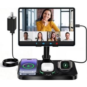 6-in-1 Wireless Charging Station for Apple Products with Clock, 7-Color RGB and Foldable,30W Multiple Devices Wireless Charging Stand for iPad Stand, for iphone17, for AirPods, for Apple Watch (Black)