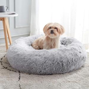 Donut Dog Cuddler Bed Calming, Anti-Anxiety, Warming Cozy Soft Dog Round Bed, Fluffy Faux Fur Plush Dog Cat Cushion bed for Small Medium Dogs and Cats (20"/24"/27"/30") (27.0"L x 27.0"W x 8.0"Th, Light Grey)