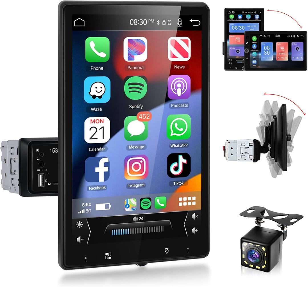 Podofo 10.4" Single Din Radio Car Stereo with Wireless CarPlay & Android Auto, Rotatable Touch Screen, Bluetooth, 16-Band EQ Audio, Mirror Link, SWC, FM, USB, TF, Backup Camera