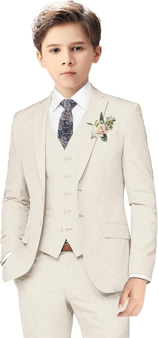 Boys Linen Suits for Kids Summer Slim Fit 3 Piece Beach Wedding Outfit Light Weight Tuxedo Linen Suit Set (Size 3, Ivory)